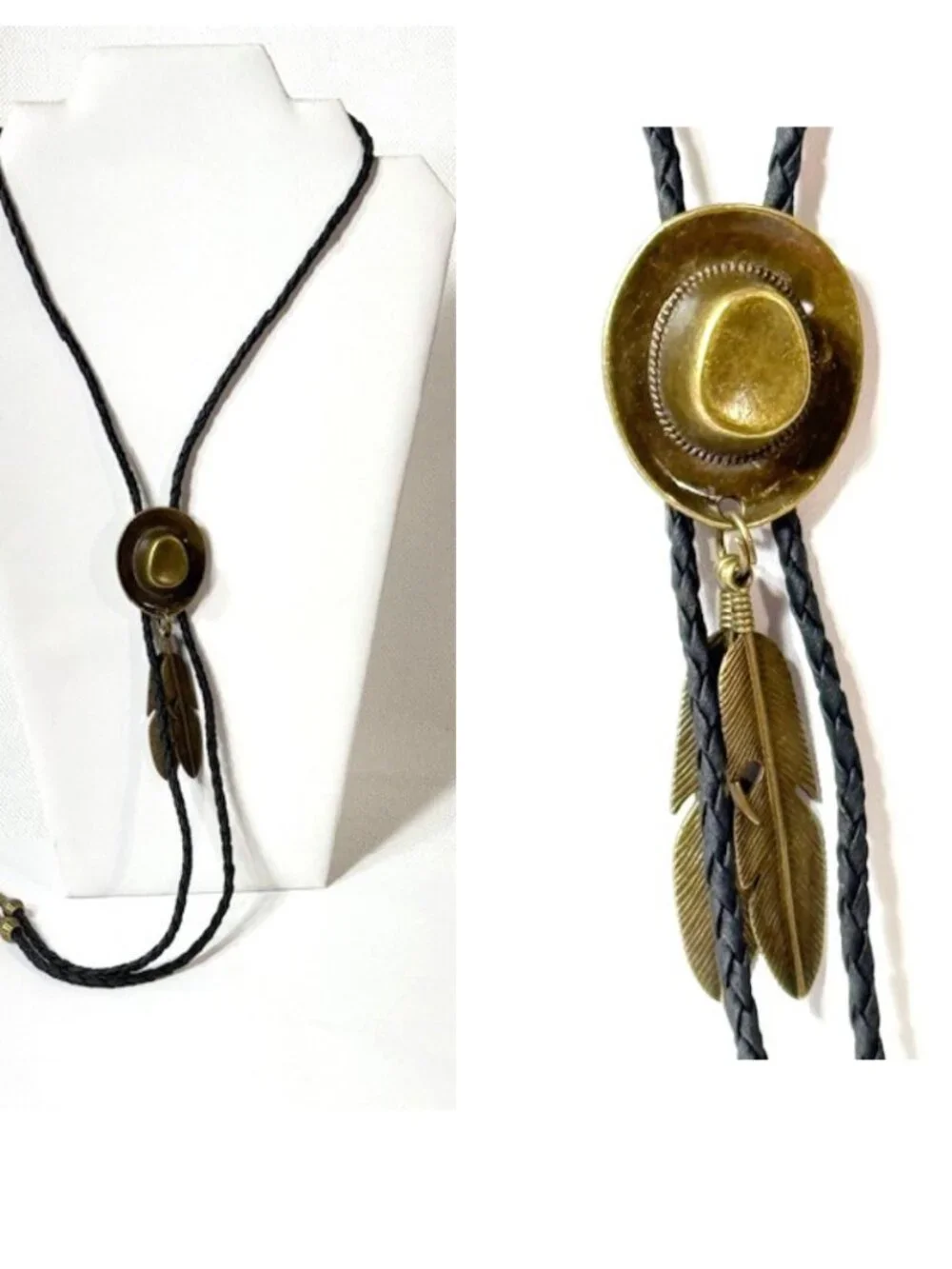 Gold-tone cowboy hat and feather, black cord western cowboy bolo tie.